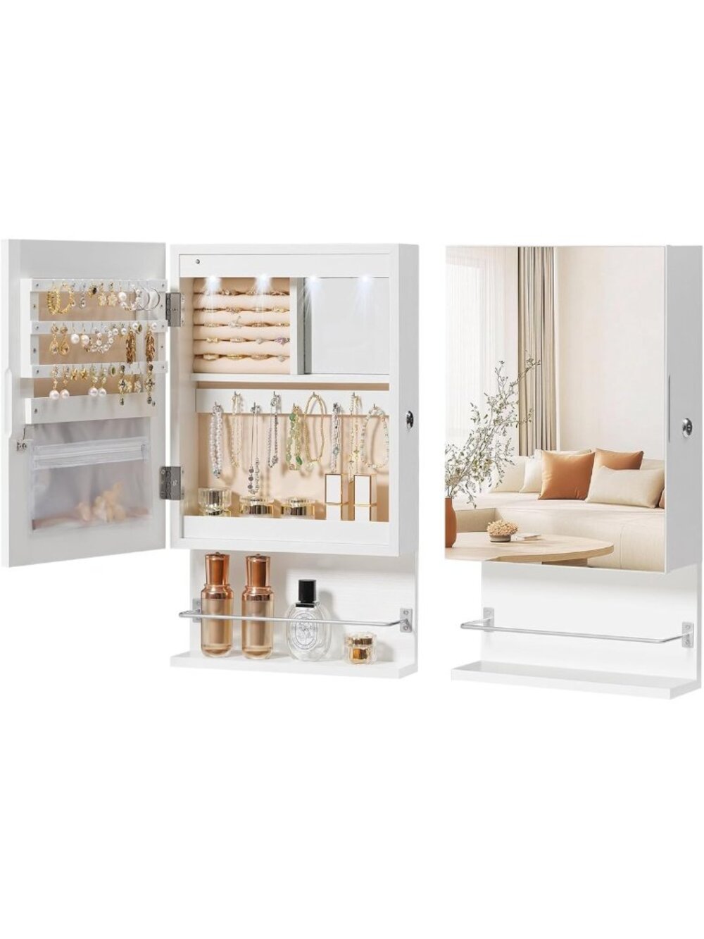 LED Wall Mounted Jewelry Cabinet with Mirror, Lockable Organizer & Storage